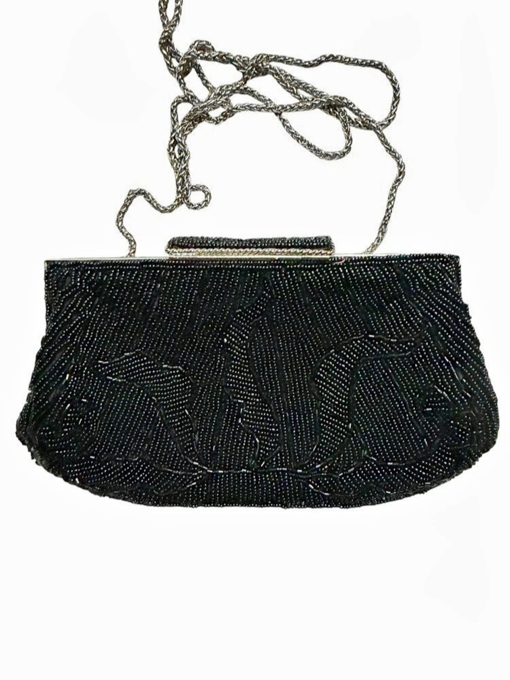 Nina Beaded Chain Clutch in Black & Silver